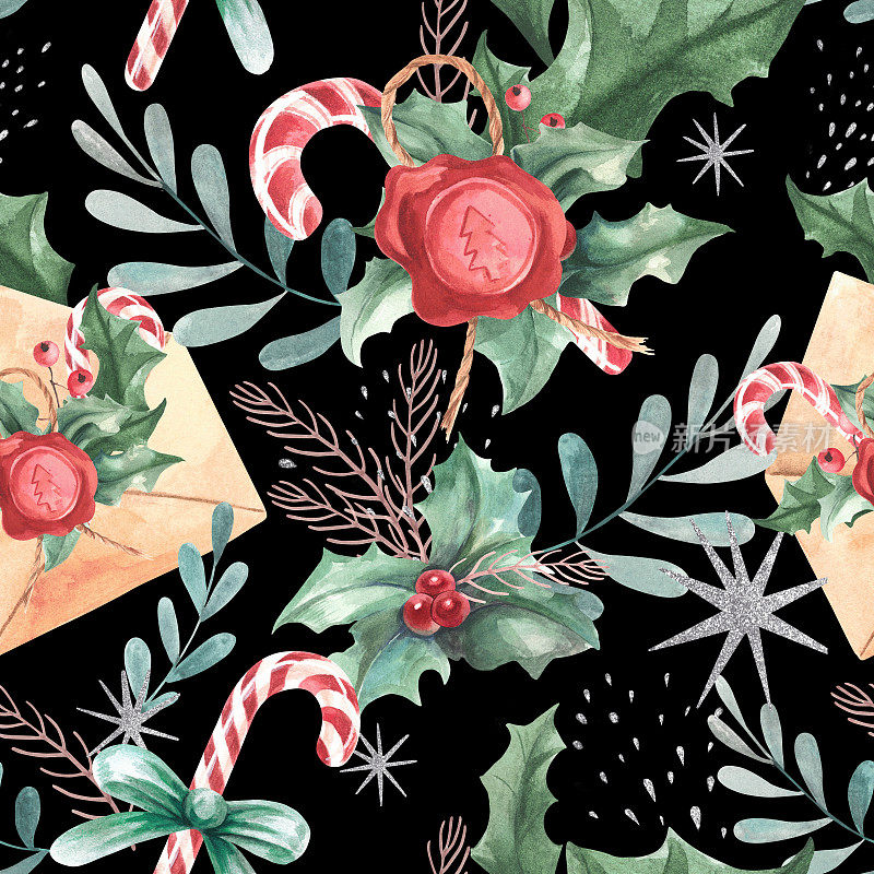 Сhristmas compositions from branches, leaves, berries, and postal envelope and lollipops. Silver splashes. Watercolor on a black background. Seamless Pattern